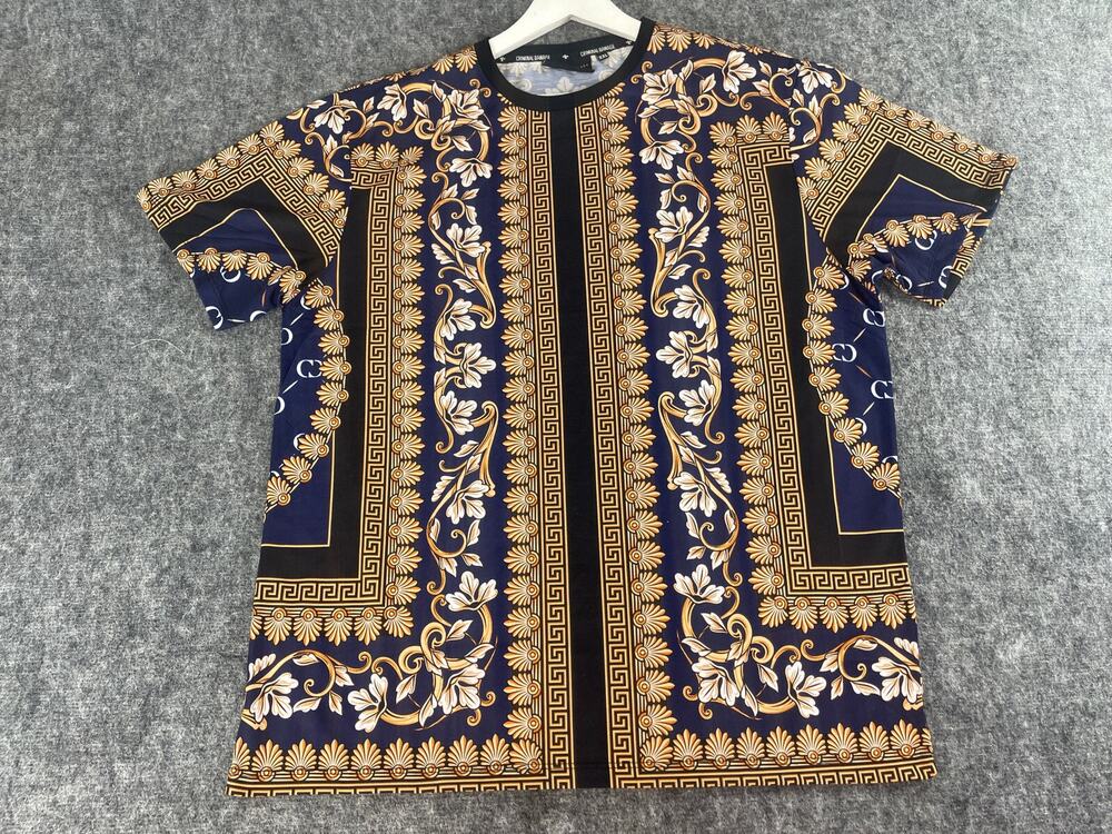 CRIMINAL DAMAGE Shirt Mens XL Tee Floral Baroque Blue Short Sleeve N139